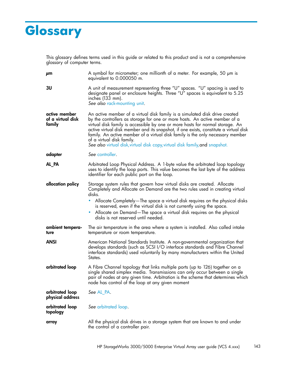 Glossary | HP 3000 Enterprise Virtual Array User Manual | Page 143 / 165