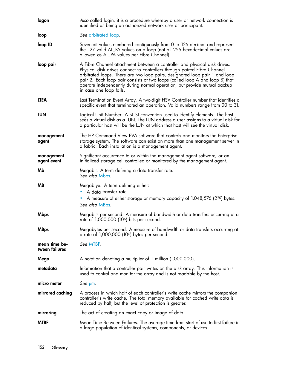 Mirrored cache, Management agent event, Ltea | HP 3000 Enterprise Virtual Array User Manual | Page 152 / 165