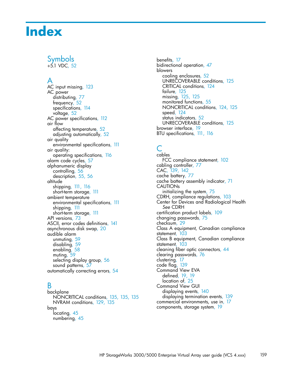 Index, Symbols | HP 3000 Enterprise Virtual Array User Manual | Page 159 / 165