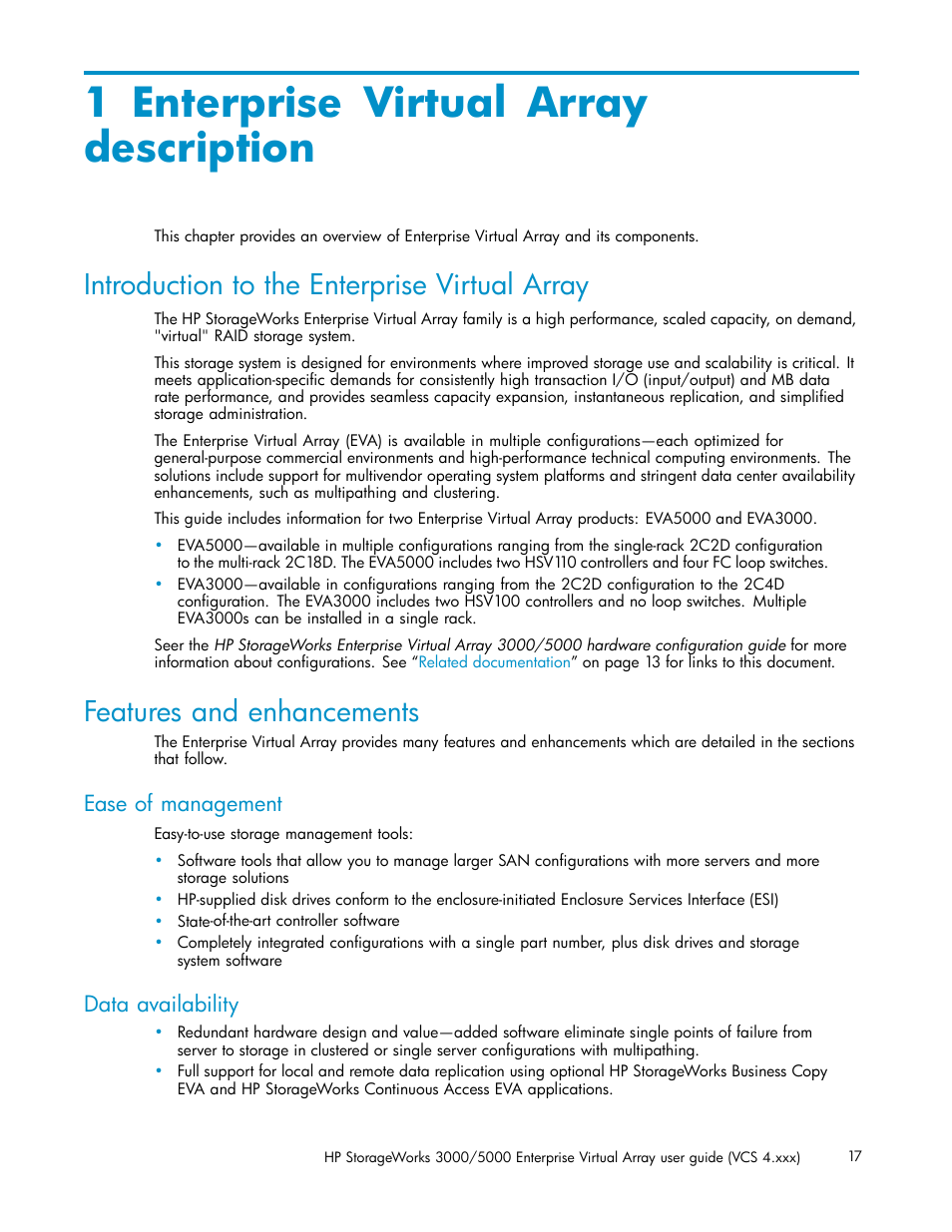 1 enterprise virtual array description, Introduction to the enterprise virtual array, Features and enhancements | Ease of management, Data availability | HP 3000 Enterprise Virtual Array User Manual | Page 17 / 165