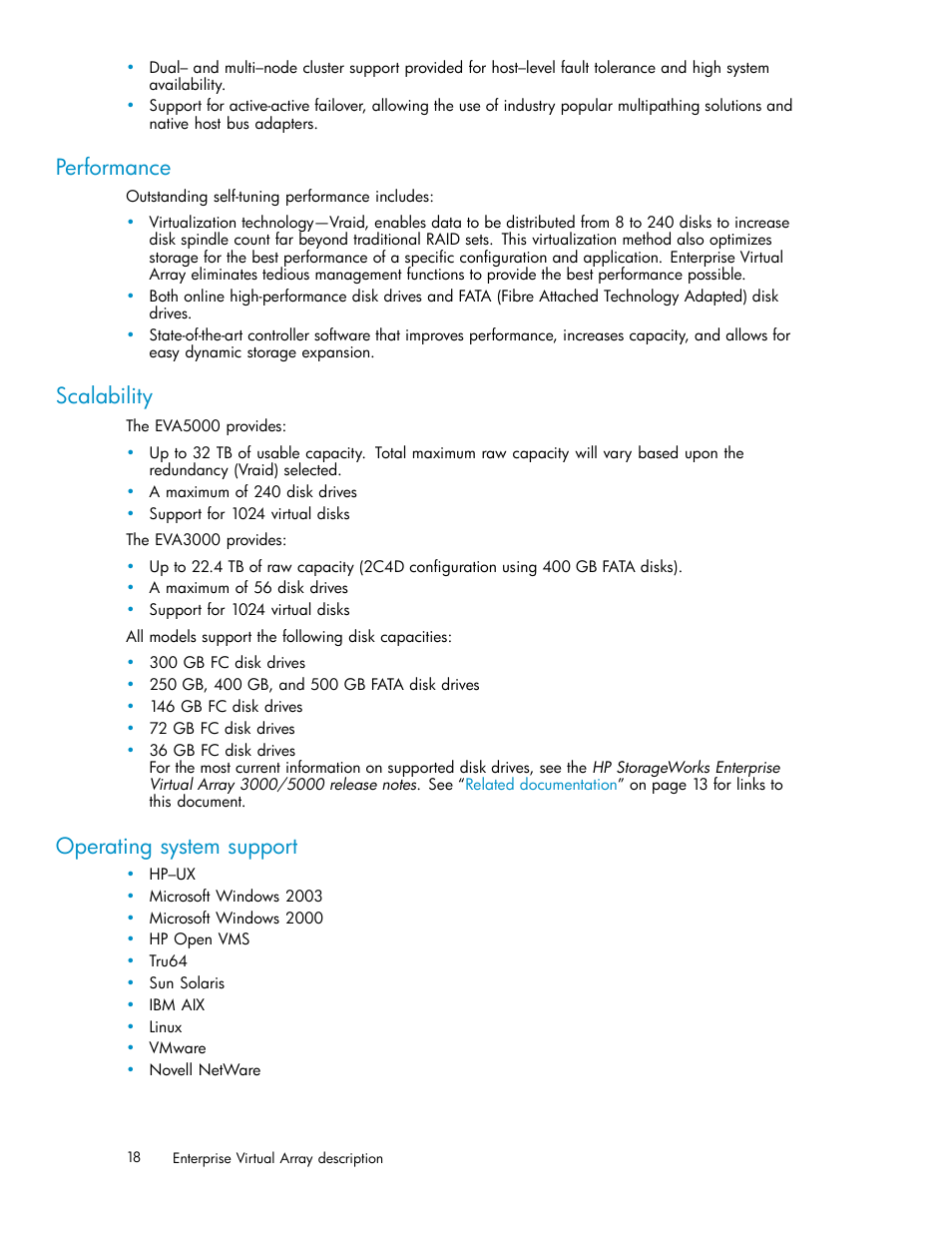 Performance, Scalability, Operating system support | HP 3000 Enterprise Virtual Array User Manual | Page 18 / 165