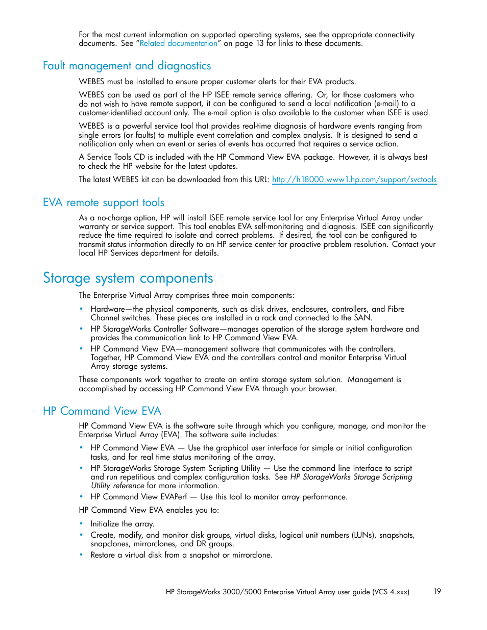 Fault management and diagnostics, Eva remote support tools, Storage system components | Hp command view eva | HP 3000 Enterprise Virtual Array User Manual | Page 19 / 165