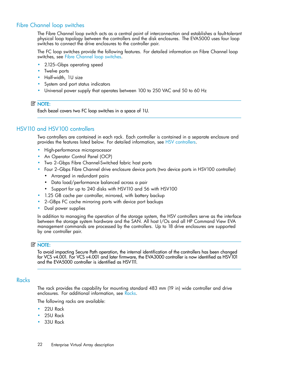 Fibre channel loop switches, Hsv110 and hsv100 controllers, Racks | HP 3000 Enterprise Virtual Array User Manual | Page 22 / 165