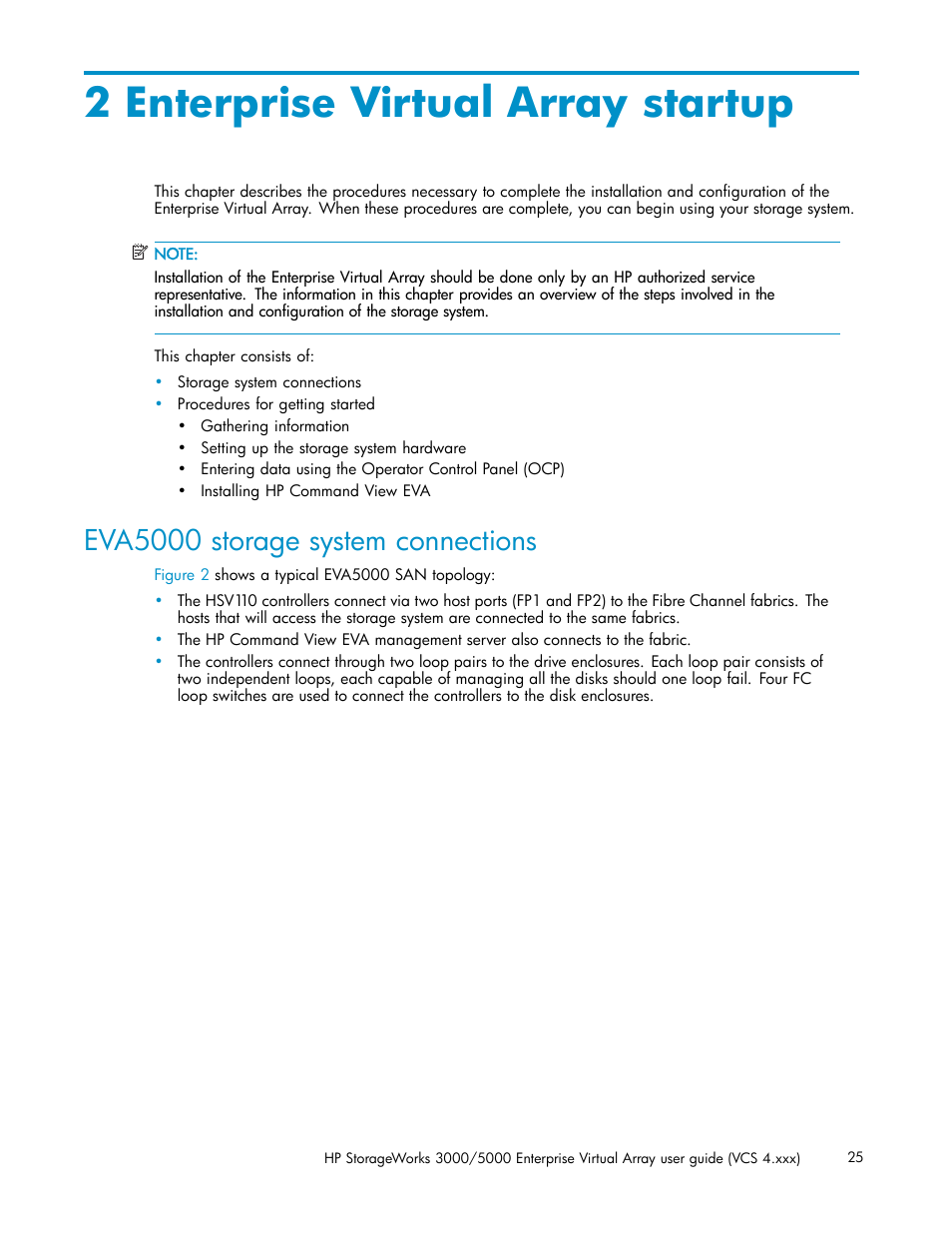 2 enterprise virtual array startup, Eva5000 storage system connections | HP 3000 Enterprise Virtual Array User Manual | Page 25 / 165