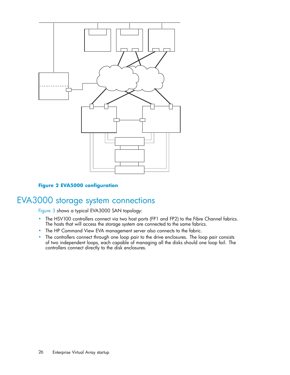 Eva3000 storage system connections, Eva5000 configuration | HP 3000 Enterprise Virtual Array User Manual | Page 26 / 165