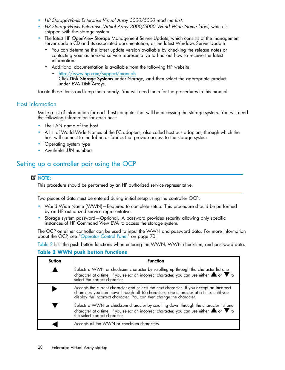 Host information, Setting up a controller pair using the ocp, Wwn push button functions | HP 3000 Enterprise Virtual Array User Manual | Page 28 / 165