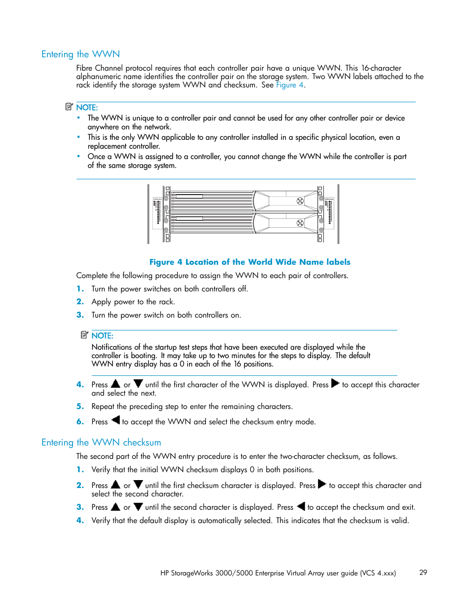 Entering the wwn, Entering the wwn checksum, Location of the world wide name labels | HP 3000 Enterprise Virtual Array User Manual | Page 29 / 165