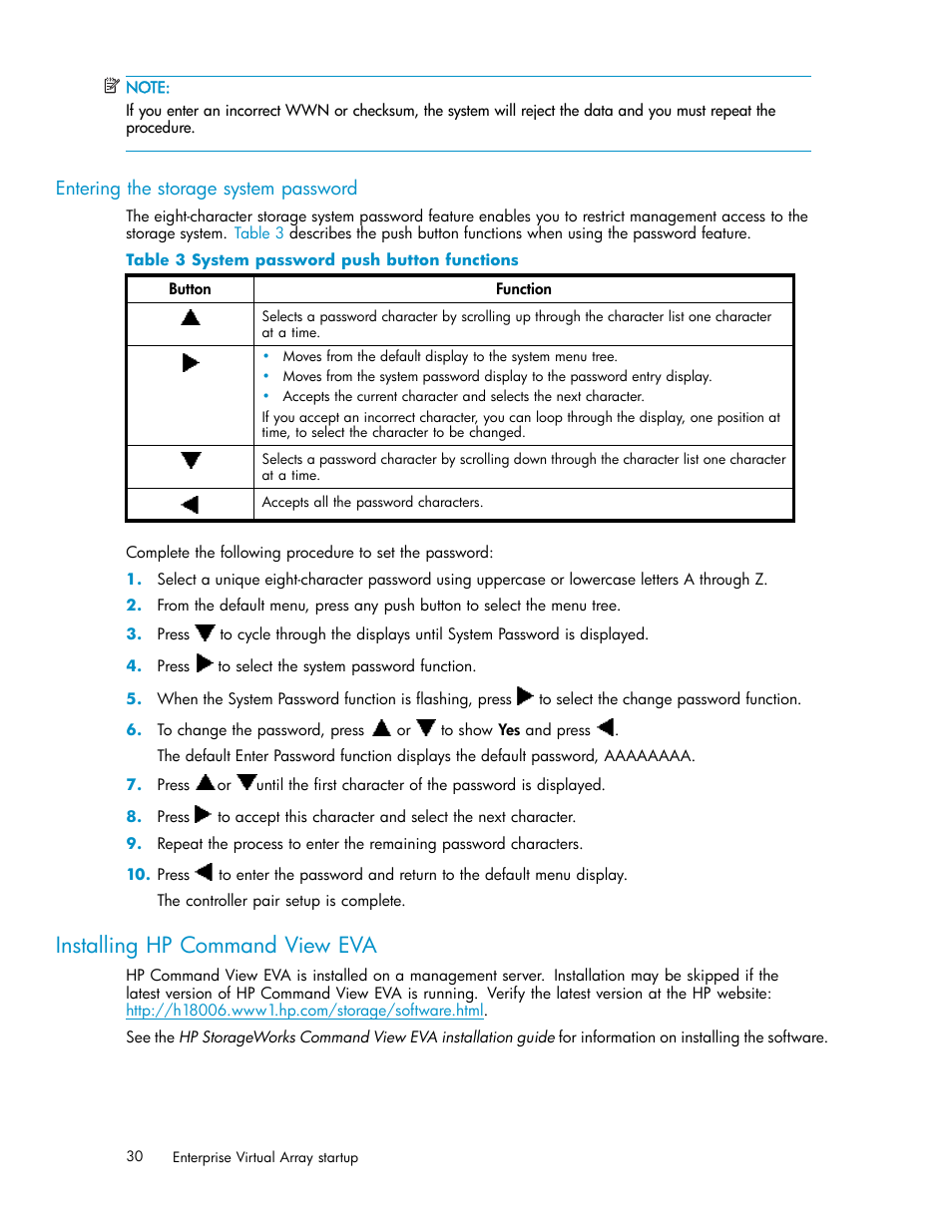 Entering the storage system password, Installing hp command view eva, System password push button functions | HP 3000 Enterprise Virtual Array User Manual | Page 30 / 165