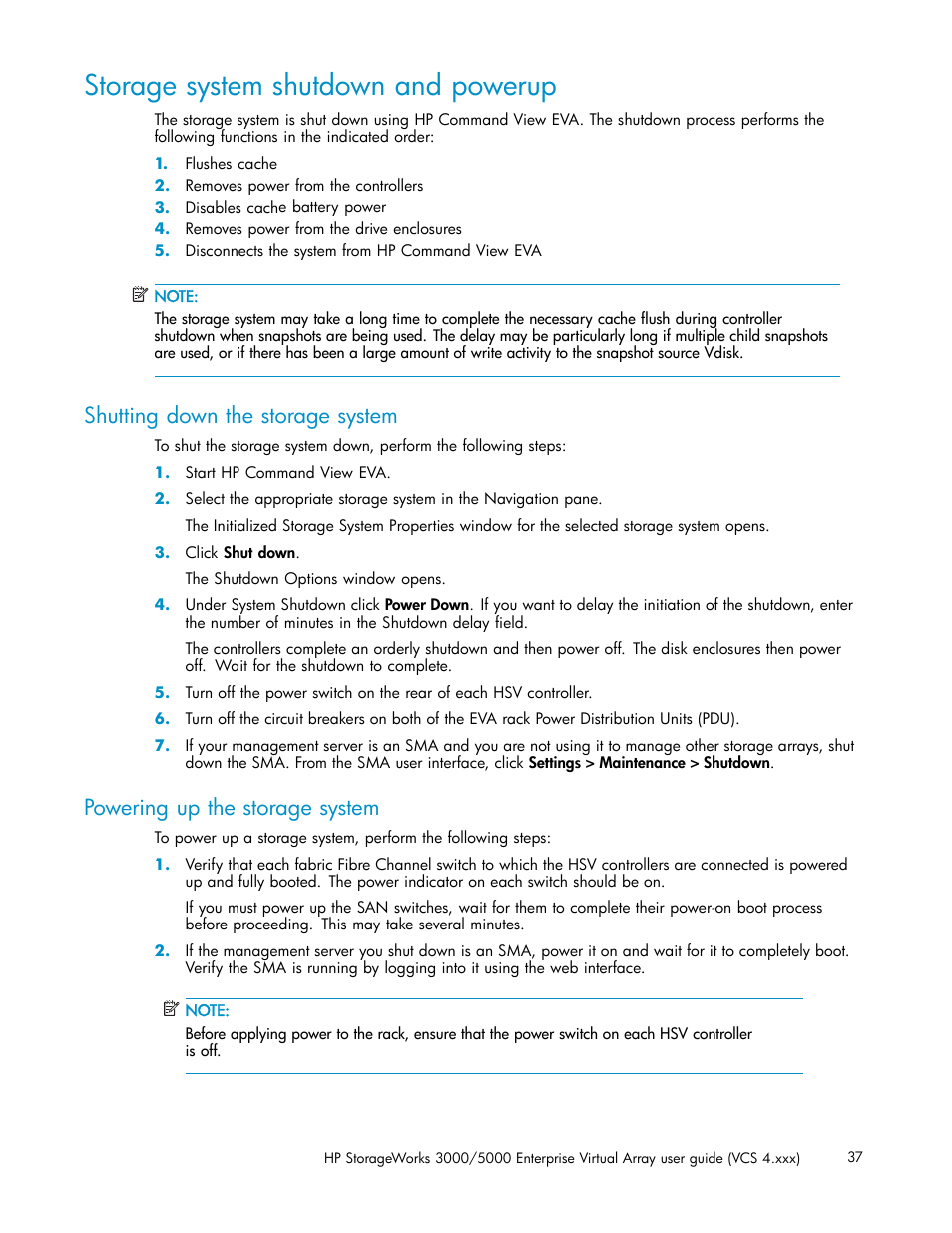 Storage system shutdown and powerup, Shutting down the storage system, Powering up the storage system | HP 3000 Enterprise Virtual Array User Manual | Page 37 / 165