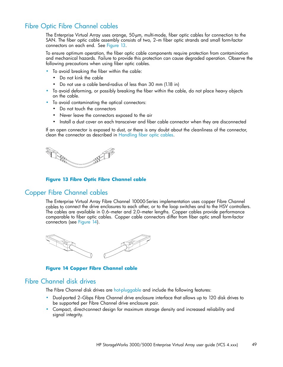 Fibre optic fibre channel cables, Copper fibre channel cables, Fibre channel disk drives | Fibre optic fibre channel cable, Copper fibre channel cable | HP 3000 Enterprise Virtual Array User Manual | Page 49 / 165