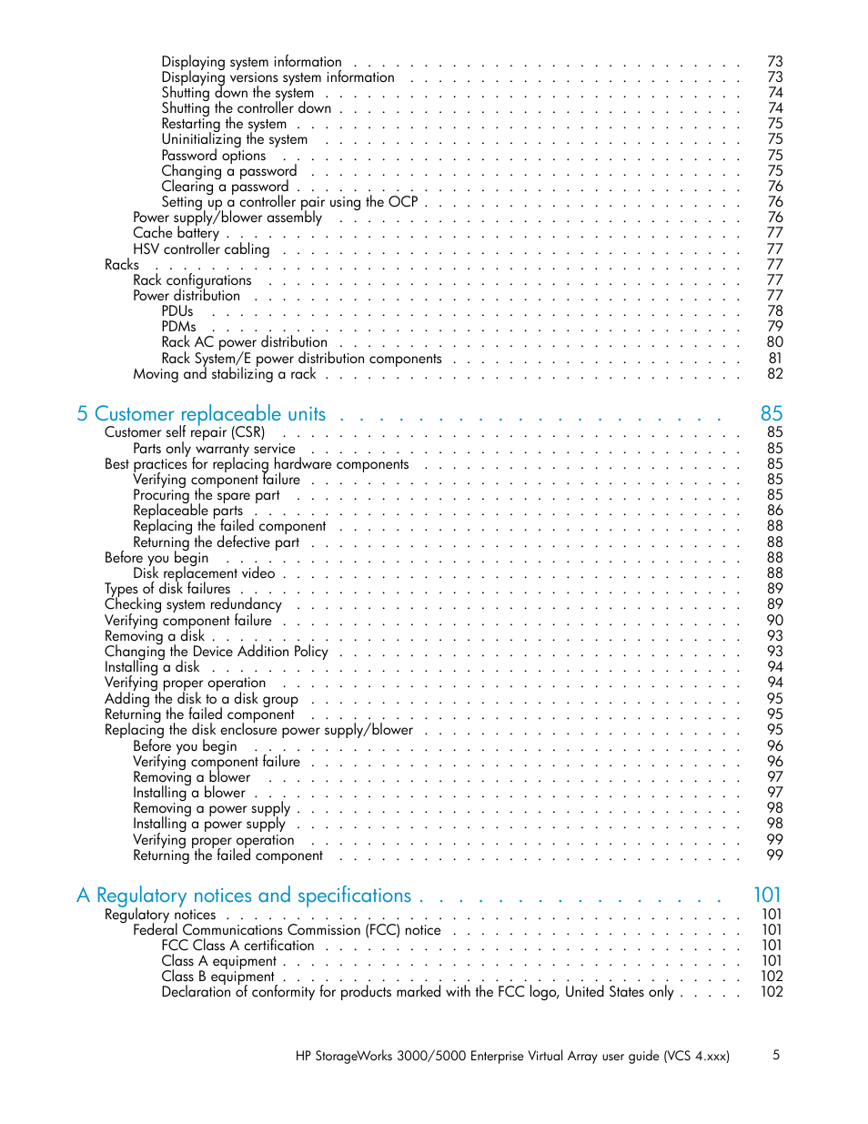 5 customer replaceable units, A regulatory notices and specifications | HP 3000 Enterprise Virtual Array User Manual | Page 5 / 165