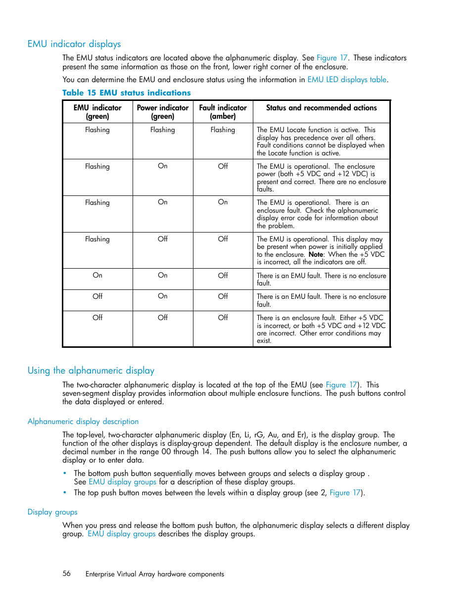 Emu indicator displays, Using the alphanumeric display, Emu status indications | Emu led displays | HP 3000 Enterprise Virtual Array User Manual | Page 56 / 165