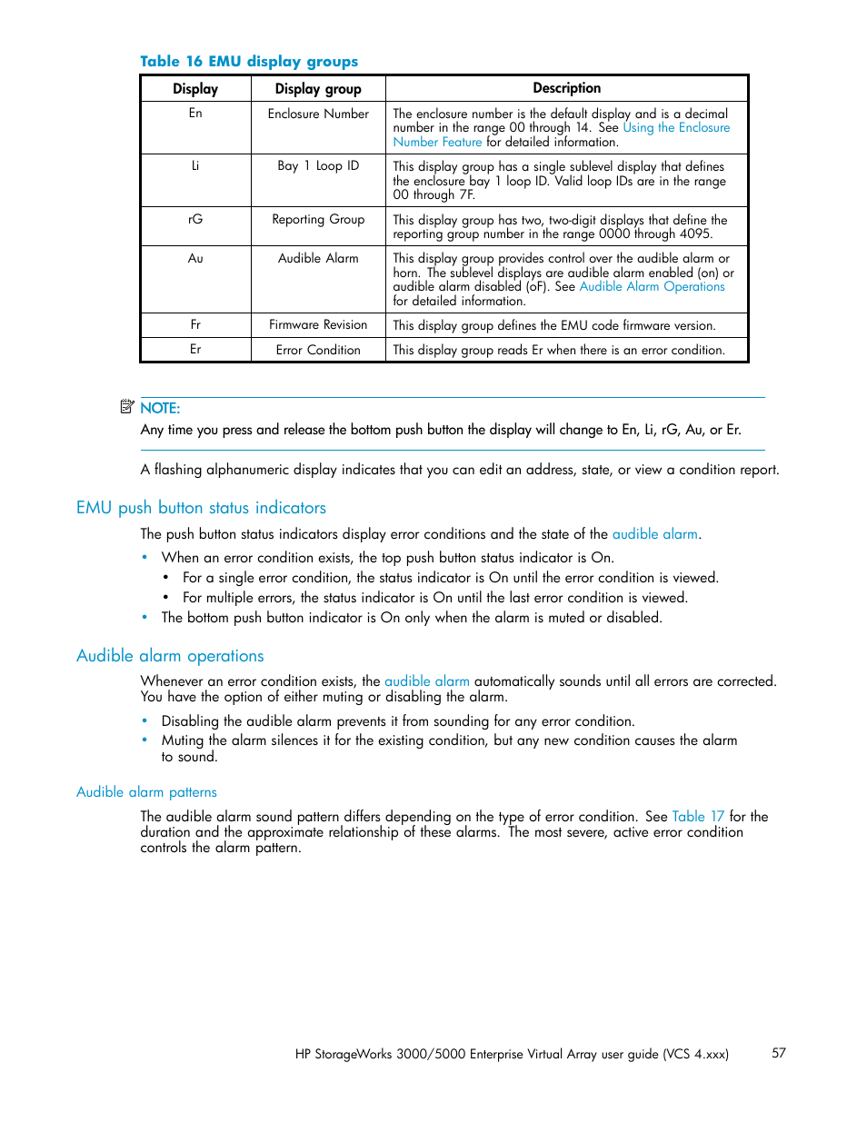 Emu push button status indicators, Audible alarm operations, Emu display groups | HP 3000 Enterprise Virtual Array User Manual | Page 57 / 165