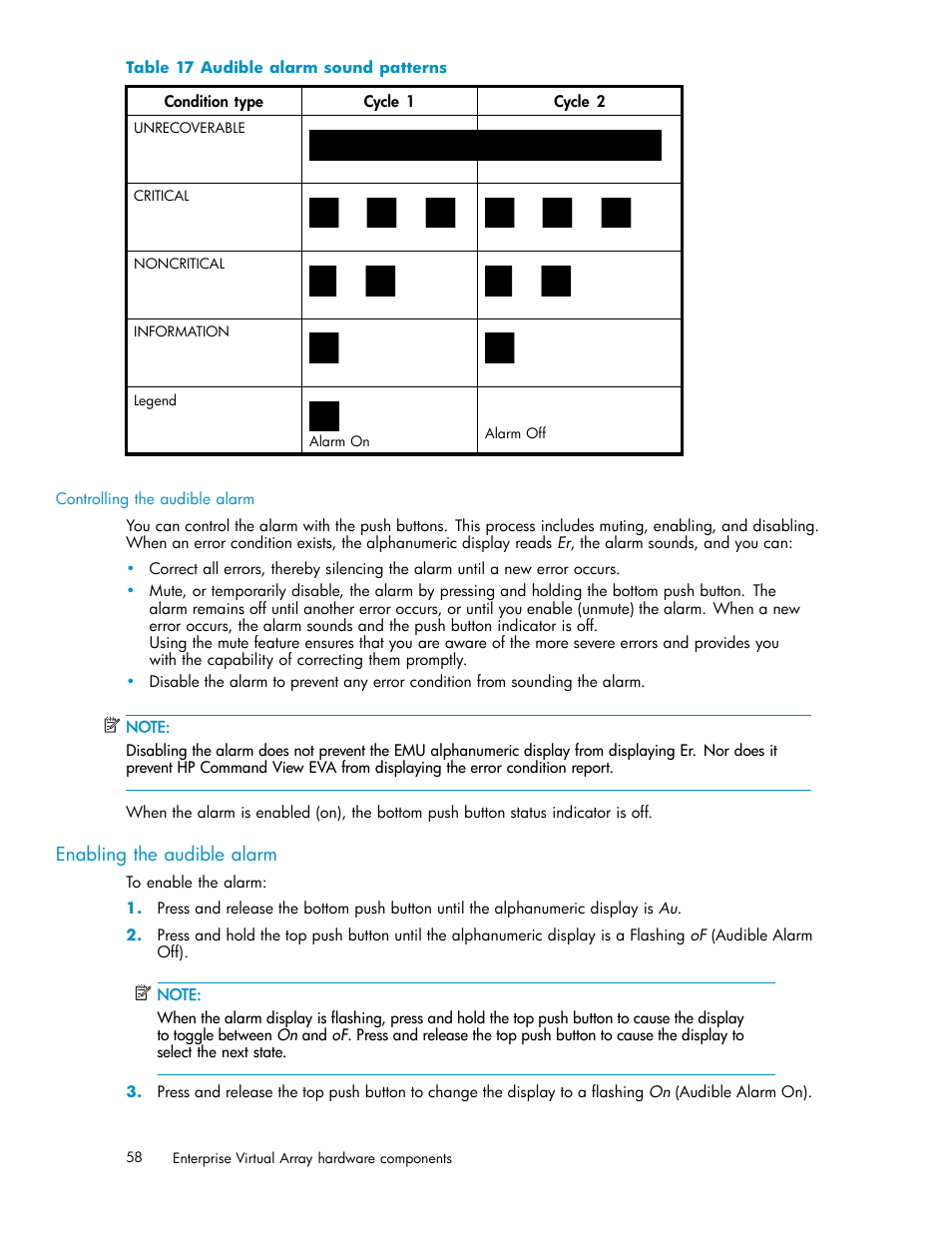 Enabling the audible alarm, Audible alarm sound patterns, Table 17 | HP 3000 Enterprise Virtual Array User Manual | Page 58 / 165