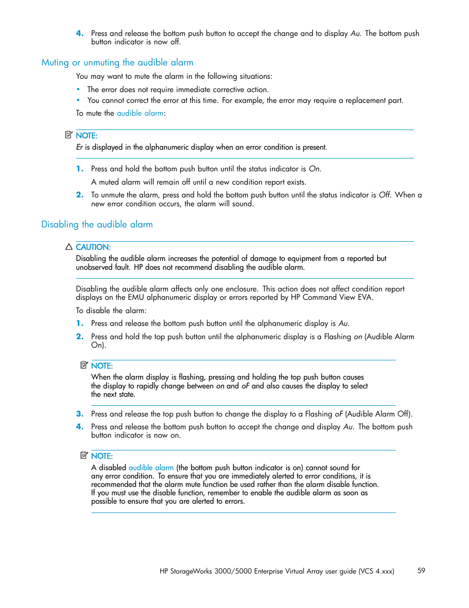 Muting or unmuting the audible alarm, Disabling the audible alarm | HP 3000 Enterprise Virtual Array User Manual | Page 59 / 165