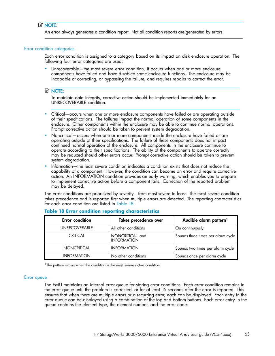 Error condition reporting characteristics | HP 3000 Enterprise Virtual Array User Manual | Page 63 / 165
