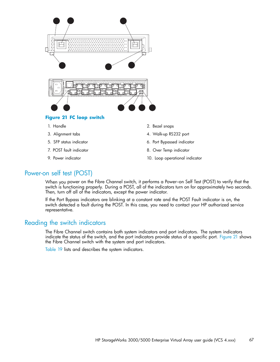 Power-on self test (post), Reading the switch indicators, Fc loop switch | HP 3000 Enterprise Virtual Array User Manual | Page 67 / 165