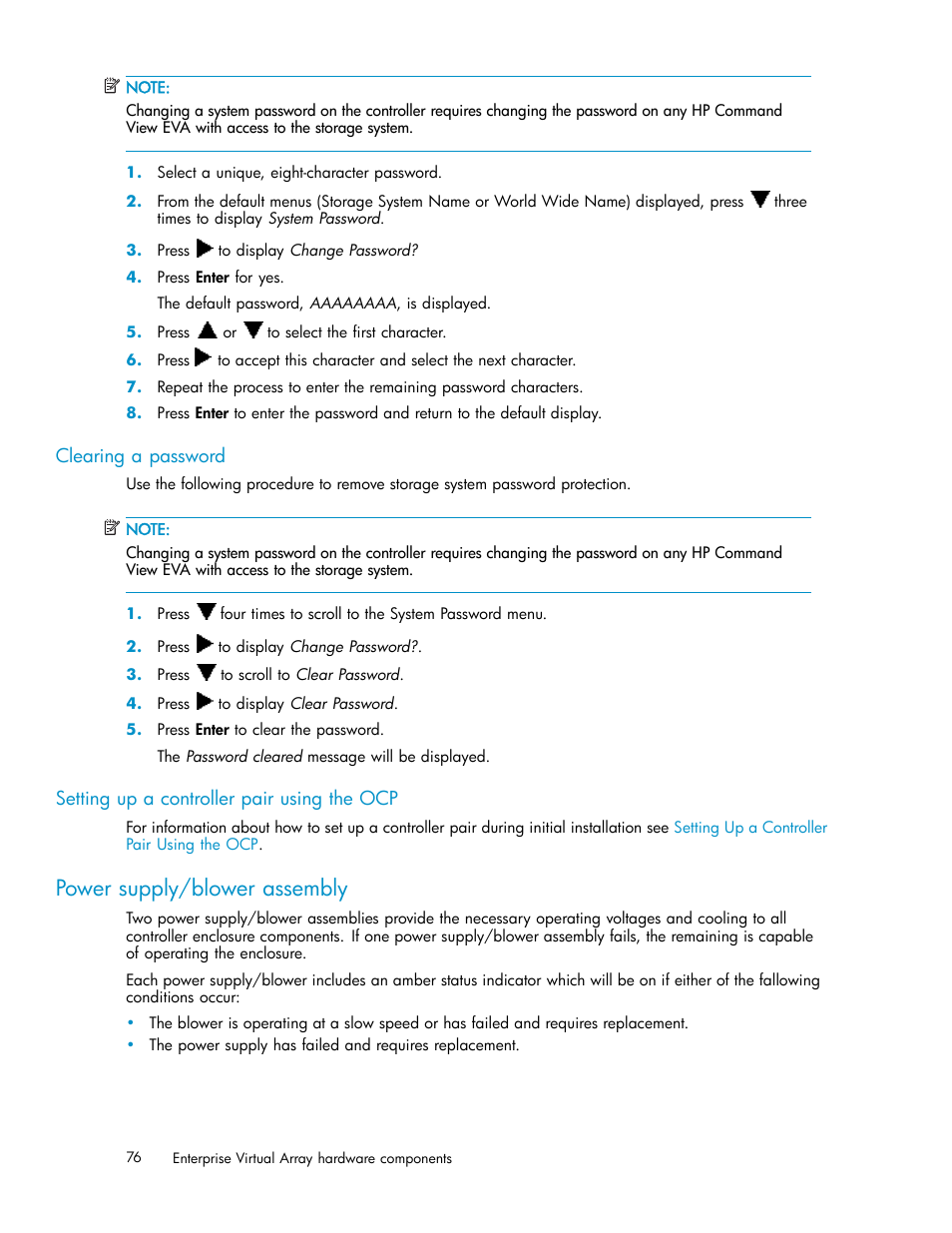 Clearing a password, Setting up a controller pair using the ocp, Power supply/blower assembly | Setting up an hsv210-series, Controller pair using the ocp | HP 3000 Enterprise Virtual Array User Manual | Page 76 / 165