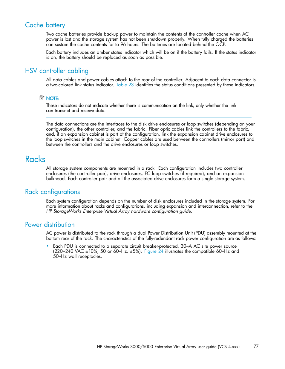 Cache battery, Hsv controller cabling, Racks | Rack configurations, Power distribution | HP 3000 Enterprise Virtual Array User Manual | Page 77 / 165