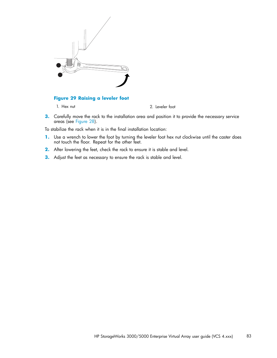 Raising a leveler foot | HP 3000 Enterprise Virtual Array User Manual | Page 83 / 165