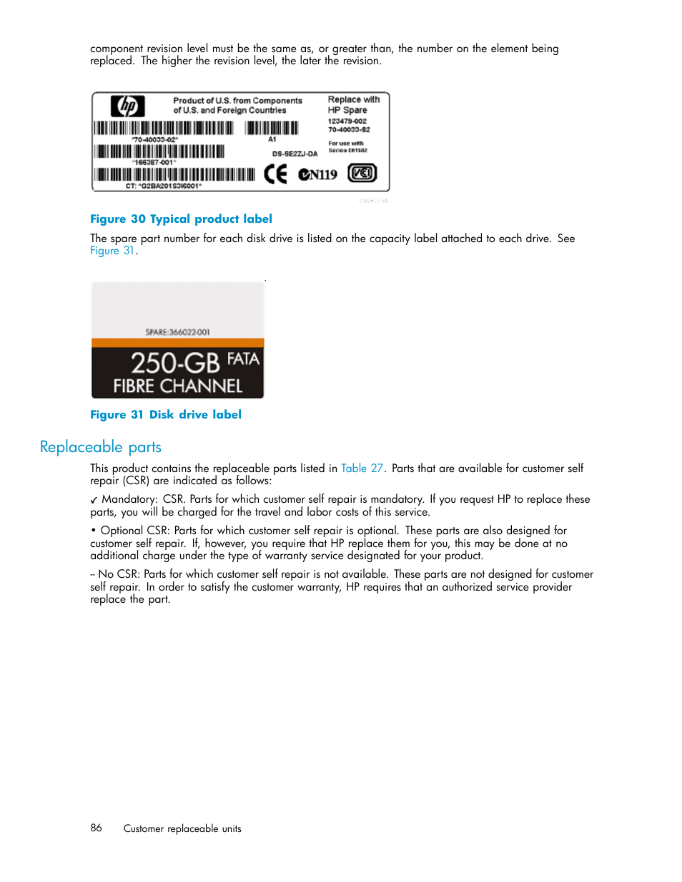 Replaceable parts, Typical product label, Disk drive label | HP 3000 Enterprise Virtual Array User Manual | Page 86 / 165