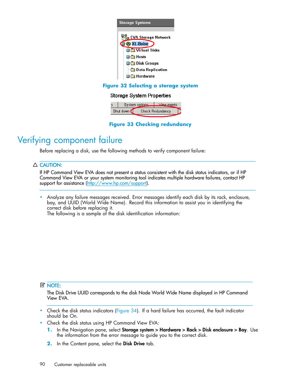 Verifying component failure, Selecting a storage system, Checking redundancy | Figure 32, Figure 33 | HP 3000 Enterprise Virtual Array User Manual | Page 90 / 165