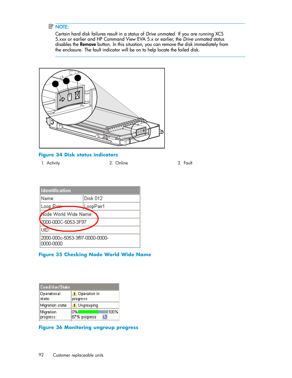 Disk status indicators, Checking node world wide name, Monitoring ungroup progress | Figure 35, Figure 36 | HP 3000 Enterprise Virtual Array User Manual | Page 92 / 165