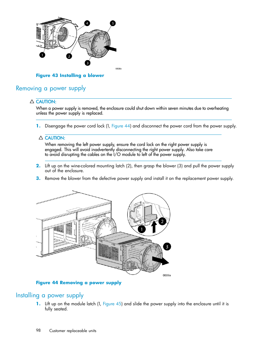 Removing a power supply, Installing a power supply, Installing a blower | HP 3000 Enterprise Virtual Array User Manual | Page 98 / 165