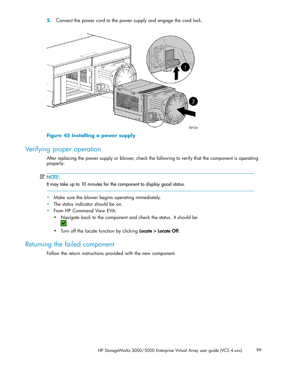 Verifying proper operation, Returning the failed component, Installing a power supply | HP 3000 Enterprise Virtual Array User Manual | Page 99 / 165