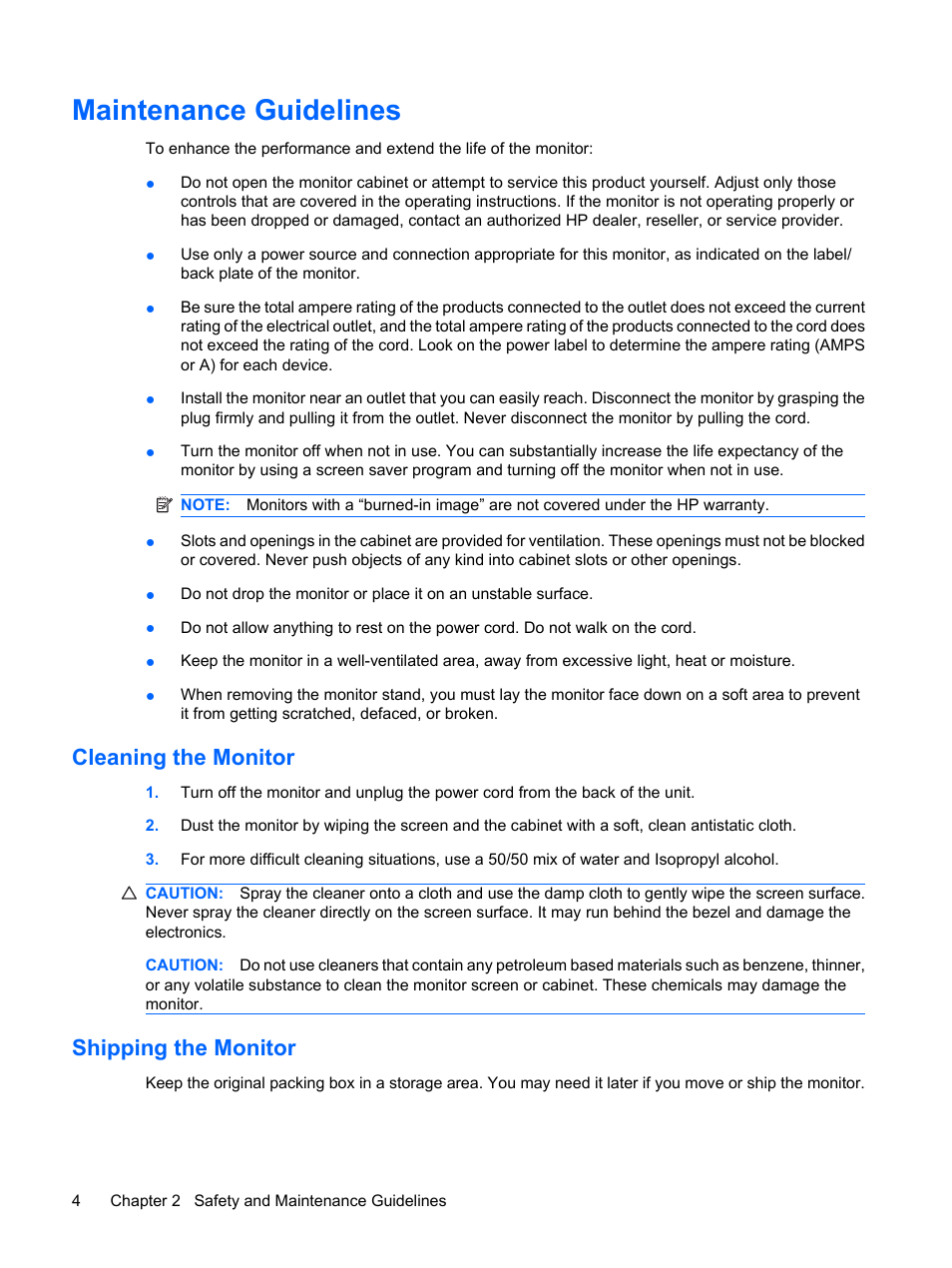 Maintenance guidelines, Cleaning the monitor, Shipping the monitor | Cleaning the monitor shipping the monitor | HP Compaq LE1711 17-inch LCD Monitor User Manual | Page 12 / 44