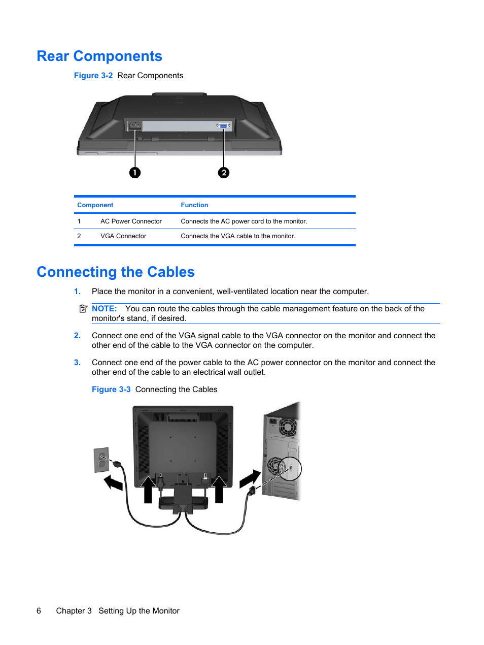 Rear components, Connecting the cables, Rear components connecting the cables | HP Compaq LE1711 17-inch LCD Monitor User Manual | Page 14 / 44