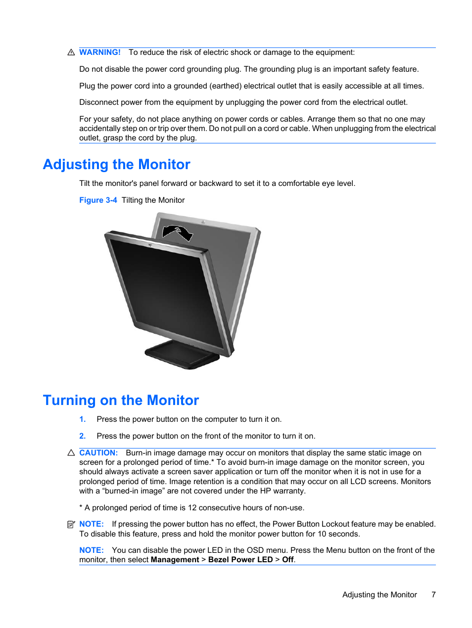 Adjusting the monitor, Turning on the monitor, Adjusting the monitor turning on the monitor | HP Compaq LE1711 17-inch LCD Monitor User Manual | Page 15 / 44