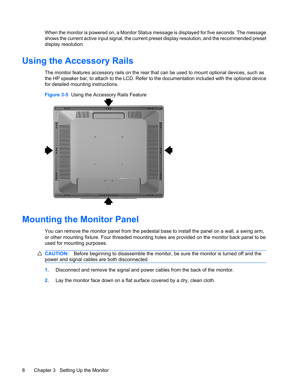 Using the accessory rails, Mounting the monitor panel | HP Compaq LE1711 17-inch LCD Monitor User Manual | Page 16 / 44