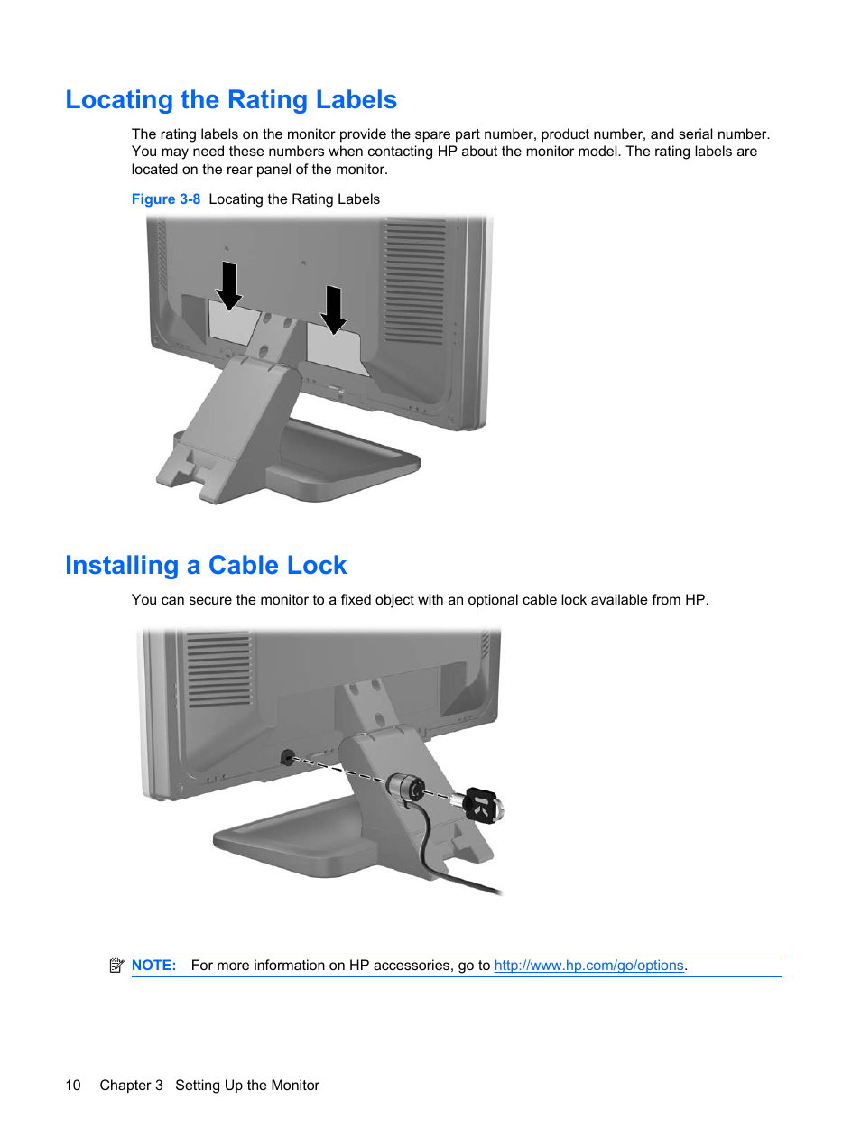 Locating the rating labels, Installing a cable lock, Locating the rating labels installing a cable lock | HP Compaq LE1711 17-inch LCD Monitor User Manual | Page 18 / 44