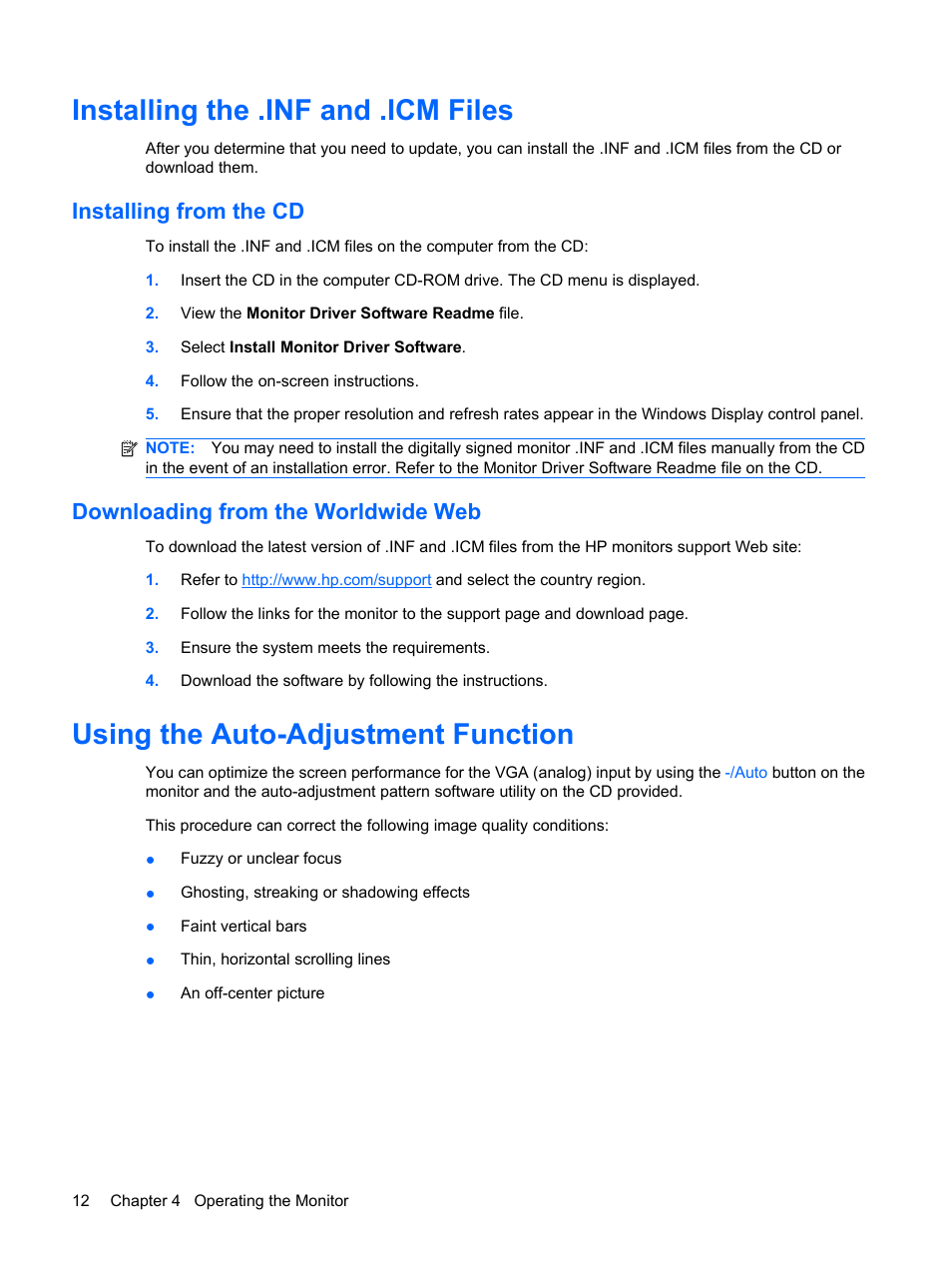 Installing the .inf and .icm files, Installing from the cd, Downloading from the worldwide web | Using the auto-adjustment function | HP Compaq LE1711 17-inch LCD Monitor User Manual | Page 20 / 44