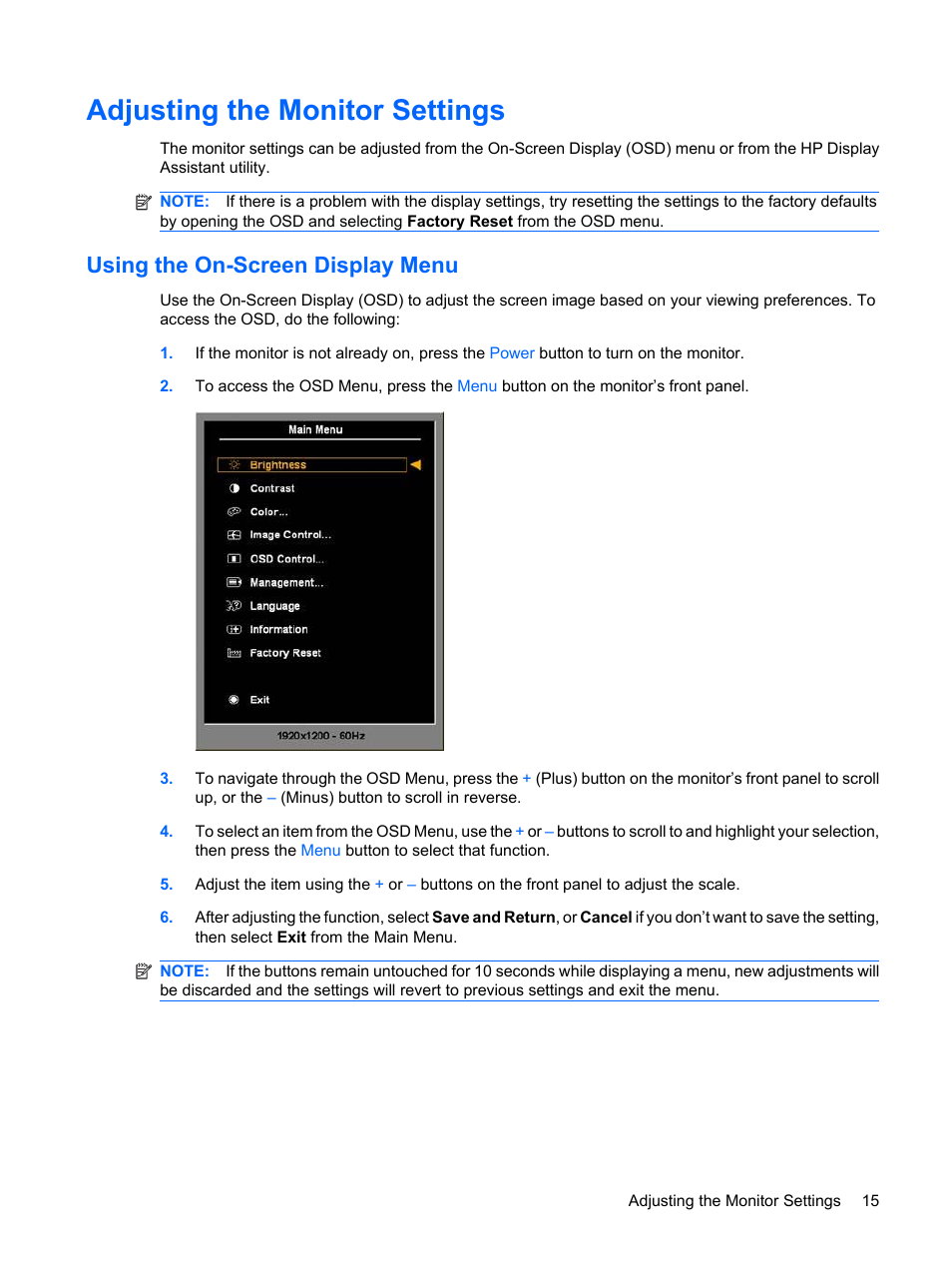Adjusting the monitor settings, Using the on-screen display menu | HP Compaq LE1711 17-inch LCD Monitor User Manual | Page 23 / 44