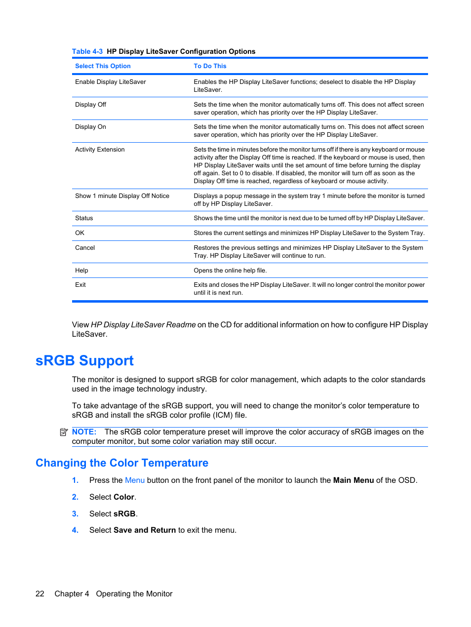 Srgb support, Changing the color temperature | HP Compaq LE1711 17-inch LCD Monitor User Manual | Page 30 / 44