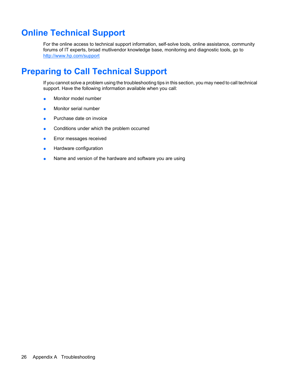 Online technical support, Preparing to call technical support | HP Compaq LE1711 17-inch LCD Monitor User Manual | Page 34 / 44