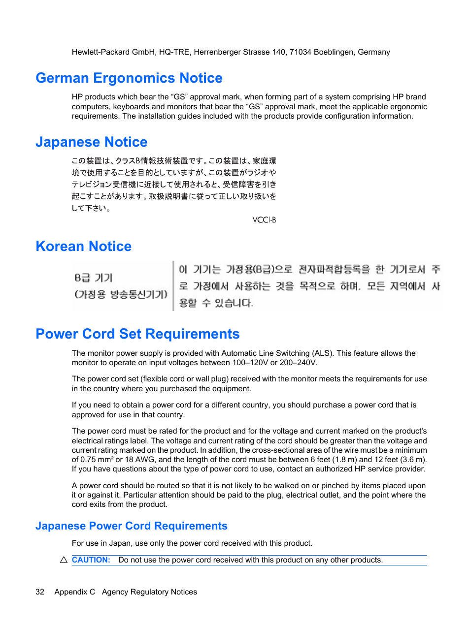 German ergonomics notice, Japanese notice, Korean notice | Power cord set requirements, Japanese power cord requirements | HP Compaq LE1711 17-inch LCD Monitor User Manual | Page 40 / 44