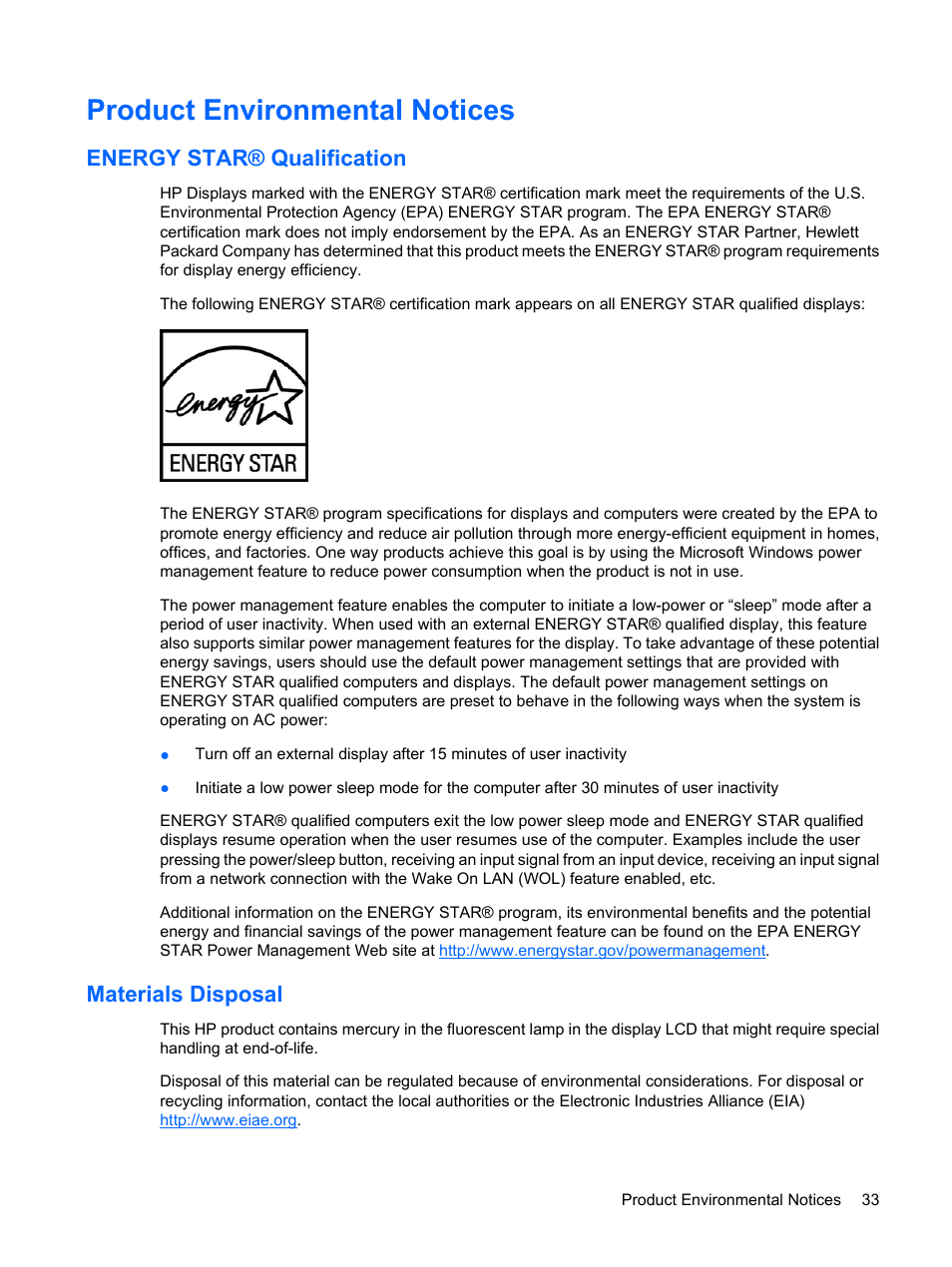 Product environmental notices, Energy star® qualification, Materials disposal | Energy star® qualification materials disposal | HP Compaq LE1711 17-inch LCD Monitor User Manual | Page 41 / 44