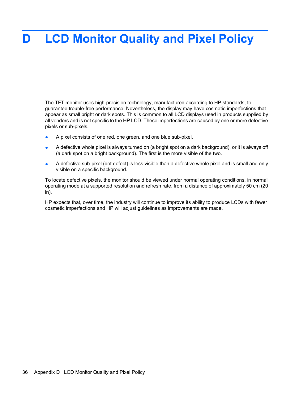 Lcd monitor quality and pixel policy, Dlcd monitor quality and pixel policy | HP Compaq LE1711 17-inch LCD Monitor User Manual | Page 44 / 44