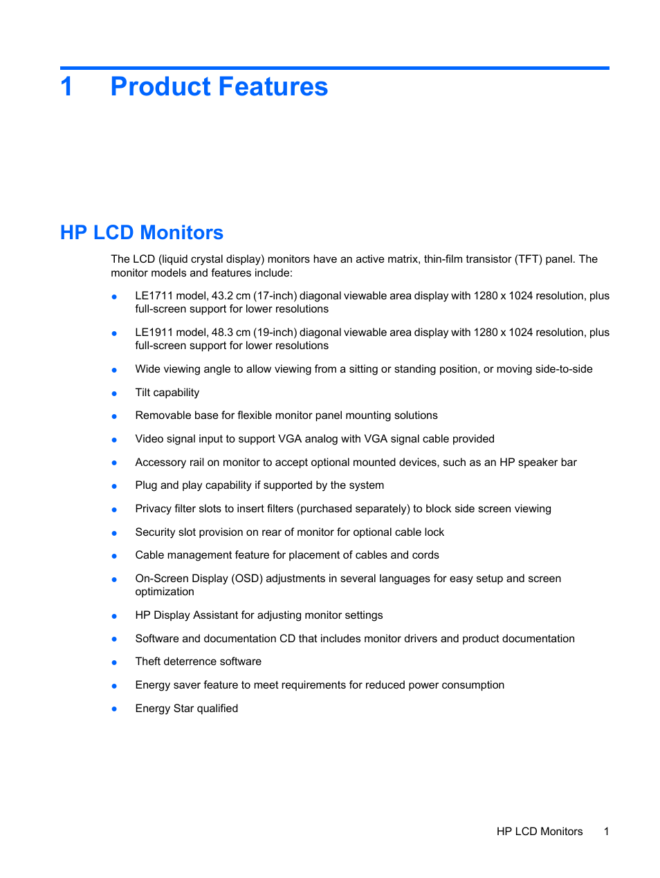 Product features, Hp lcd monitors, 1 product features | 1product features | HP Compaq LE1711 17-inch LCD Monitor User Manual | Page 9 / 44