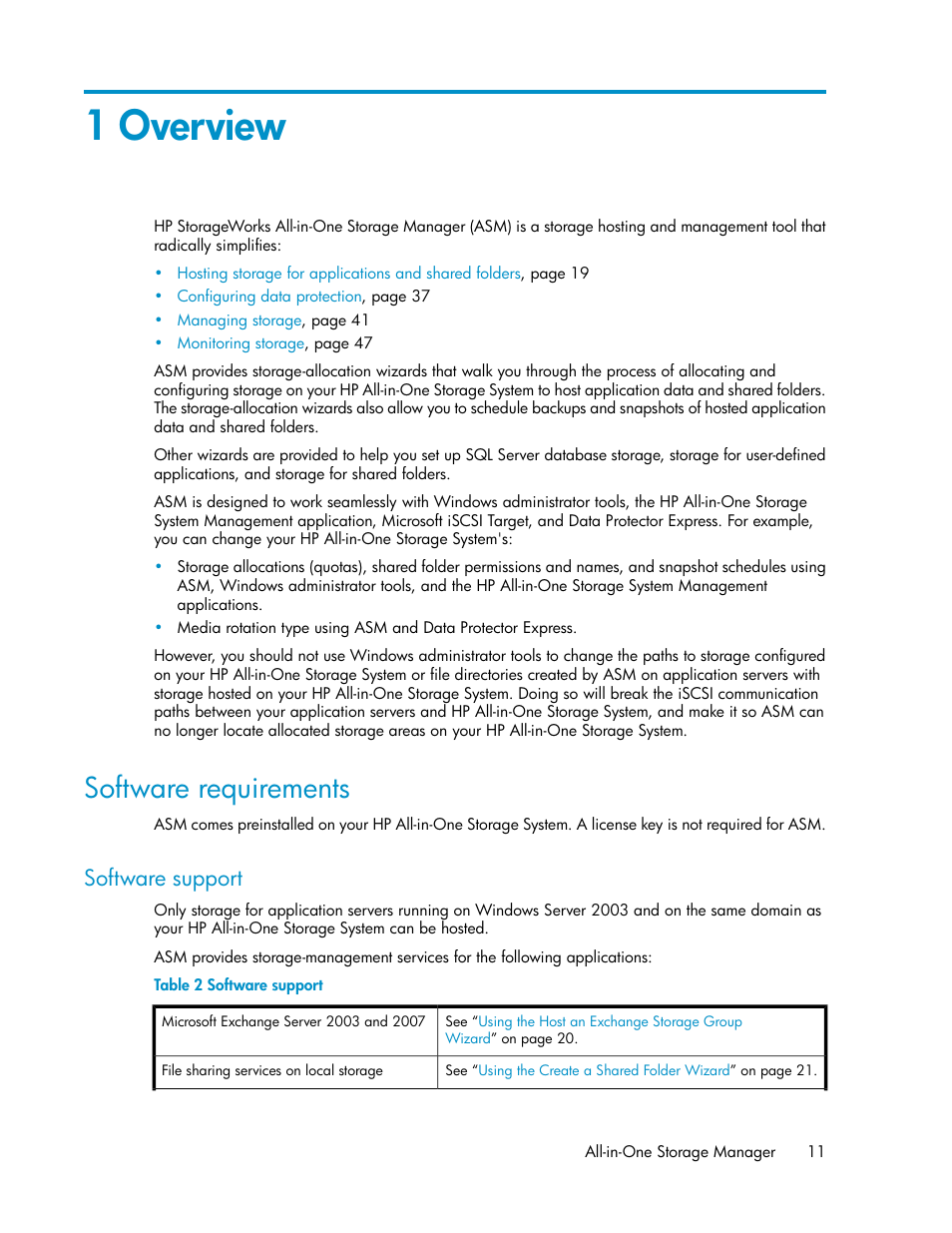 1 overview, Software requirements, Software support | HP StorageWorks All-in-One SB600c Storage Blade User Manual | Page 11 / 72