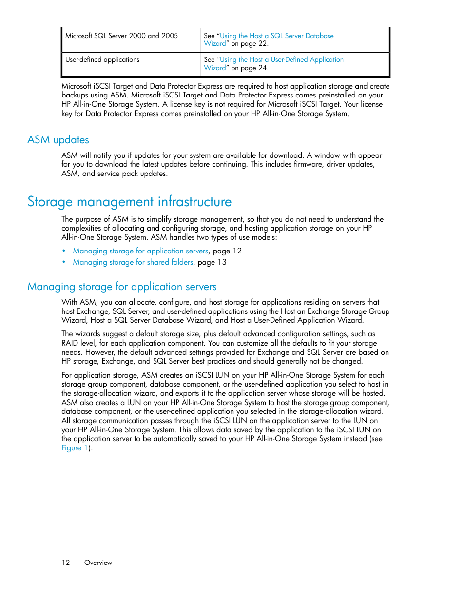 Asm updates, Storage management infrastructure, Managing storage for application servers | HP StorageWorks All-in-One SB600c Storage Blade User Manual | Page 12 / 72