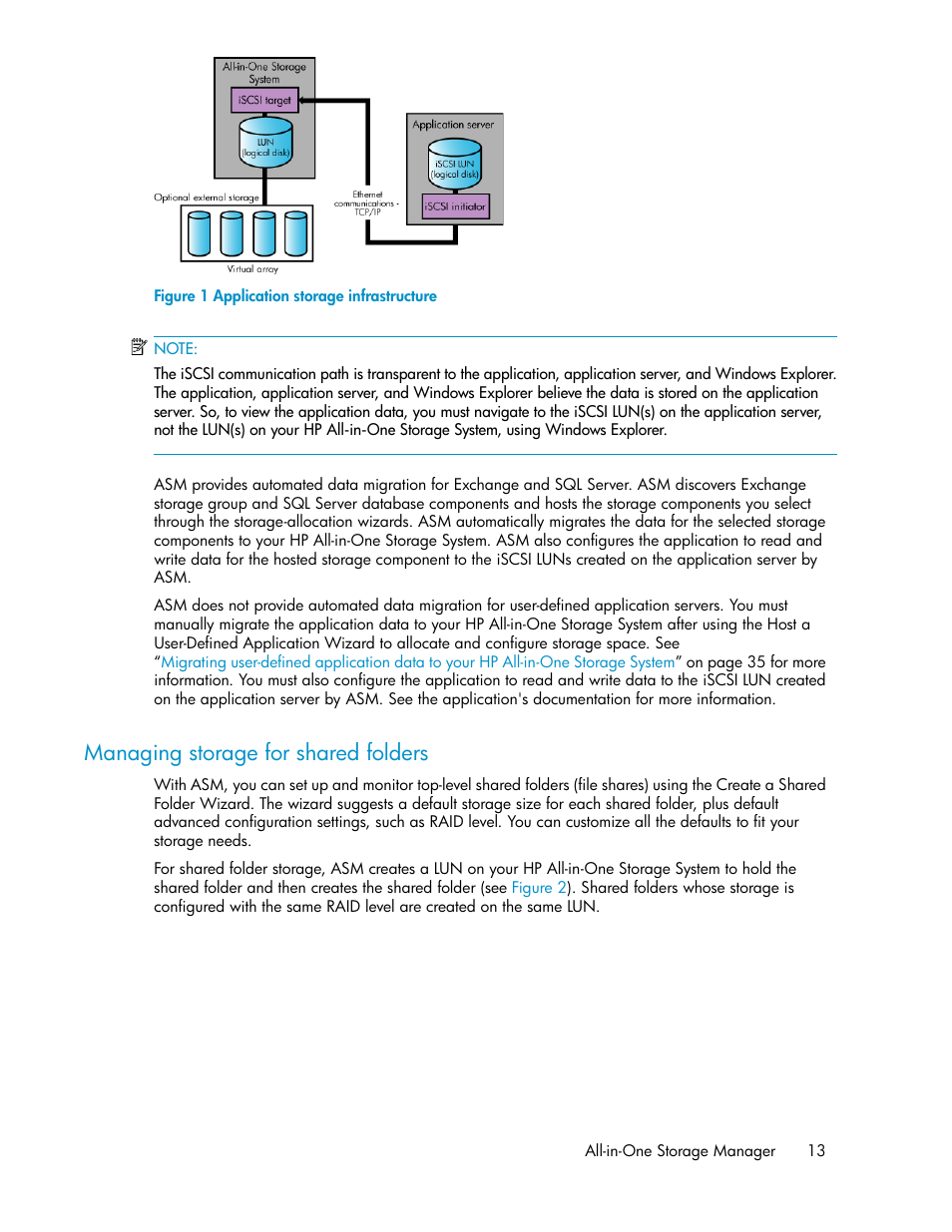 Managing storage for shared folders, Application storage infrastructure, Figure 1 | HP StorageWorks All-in-One SB600c Storage Blade User Manual | Page 13 / 72