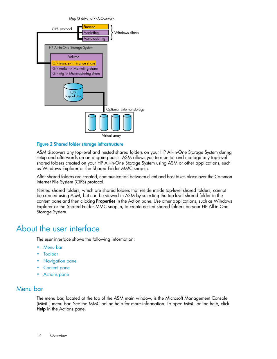 About the user interface, Menu bar, Shared folder storage infrastructure | Figure 2 | HP StorageWorks All-in-One SB600c Storage Blade User Manual | Page 14 / 72
