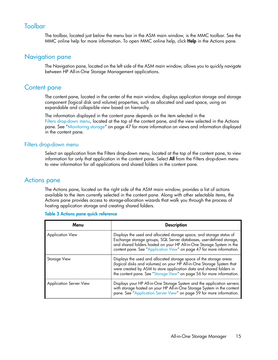 Toolbar, Navigation pane, Content pane | Actions pane, 15 navigation pane, 15 content pane, 15 actions pane, Actions pane quick reference | HP StorageWorks All-in-One SB600c Storage Blade User Manual | Page 15 / 72