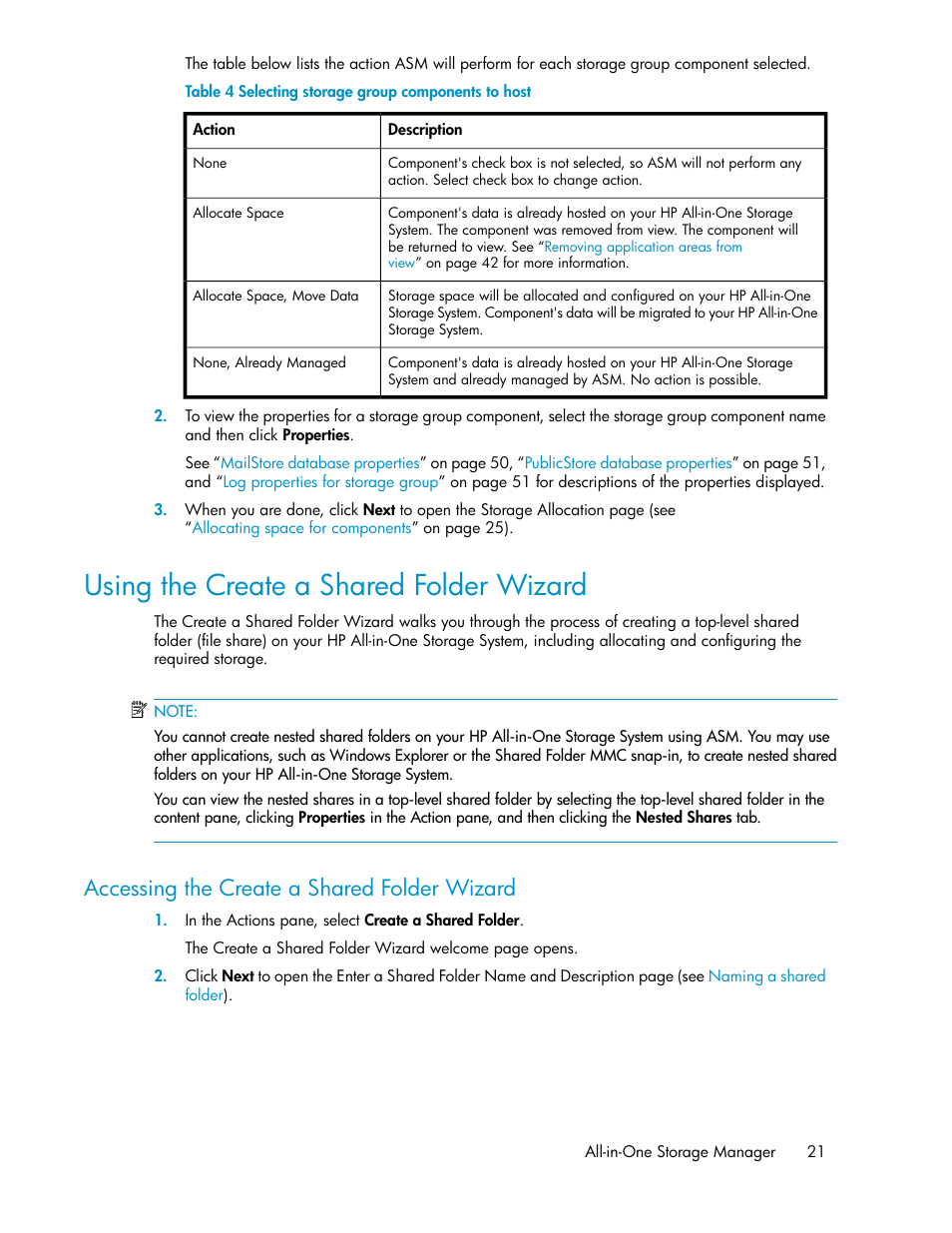 Using the create a shared folder wizard, Selecting storage group components to host, Using the create a | Shared folder wizard, Accessing the create a shared folder wizard | HP StorageWorks All-in-One SB600c Storage Blade User Manual | Page 21 / 72