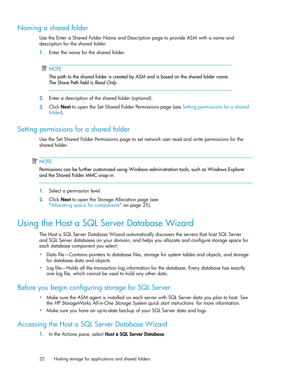 Naming a shared folder, Setting permissions for a shared folder, Using the host a sql server database wizard | 22 setting permissions for a shared folder, Using the host a sql server database, Wizard, Using the host a sql, Server database wizard, Naming a shared, Folder | HP StorageWorks All-in-One SB600c Storage Blade User Manual | Page 22 / 72