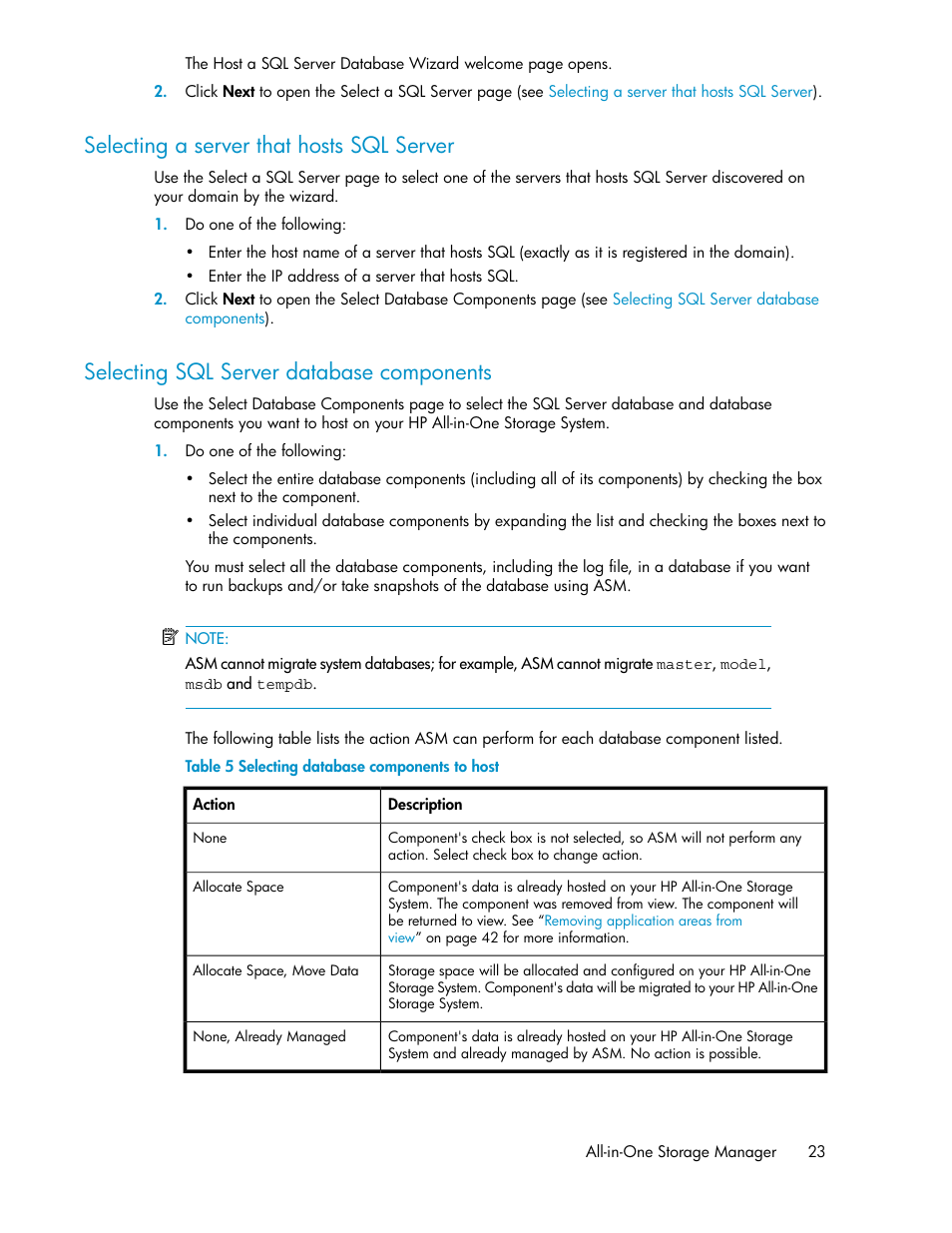 Selecting a server that hosts sql server, Selecting sql server database components, 23 selecting sql server database components | Selecting database components to host | HP StorageWorks All-in-One SB600c Storage Blade User Manual | Page 23 / 72